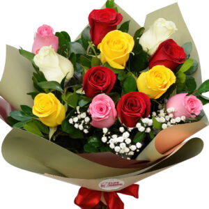 Ramo con 12 rosas multicolor, envios en Madrid.
